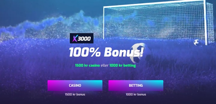 X3000 Oddsbonus: 100% upp till 1000 kr